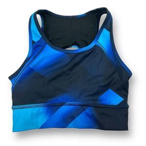 Athleta Womens Size S Keyhole Back Sport Bra Blue Black Retro Colorblock Pattern